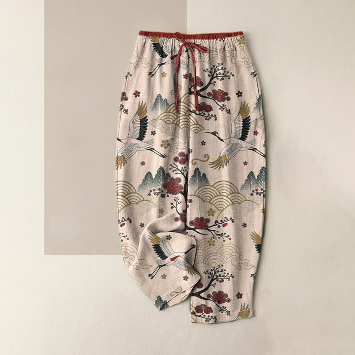 Buddha Stones 純綿素材、優雅な鶴と梅の花柄、ウエストゴム入り、ポケット付きレディースパンツ - ラベンダーブラッシュ - US16、 UK/AU20、 EU48 (3XL) - image 4