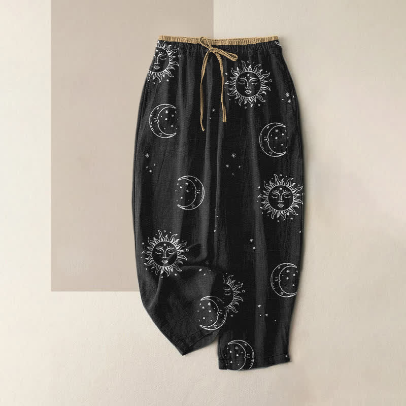 Buddha Stones 純綿素材、神秘的な月と太陽の模様、ウエストゴム入り、ポケット付きレディースパンツ - 黒 - US16、 UK/AU20、 EU48 (3XL) - image 0