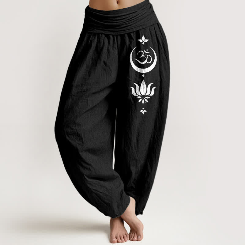 Buddha Stones 純綿 オム蓮月柄 レディース ゴムウエスト ハーレムパンツ - 黒 - US16、 UK/AU20、 EU48 (3XL) - image 0