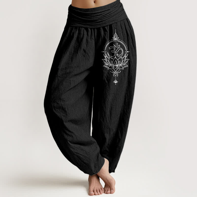 Buddha Stones 純綿ロータス・オム・マンダラ柄 レディース ゴムウエスト ハーレムパンツ - 黒 - US16、 UK/AU20、 EU48 (3XL) - image 5