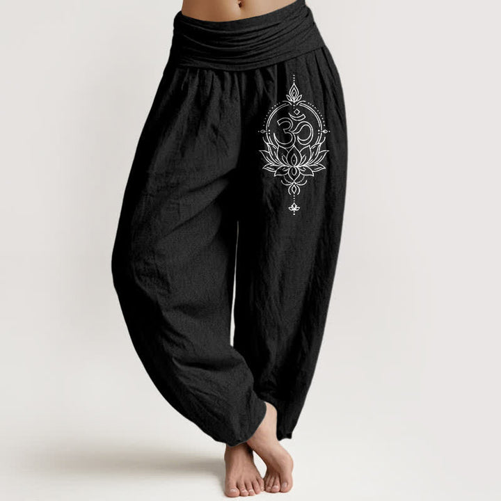 Buddha Stones 純綿ロータス・オム・マンダラ柄 レディース ゴムウエスト ハーレムパンツ - 黒 - US16、 UK/AU20、 EU48 (3XL) - image 5