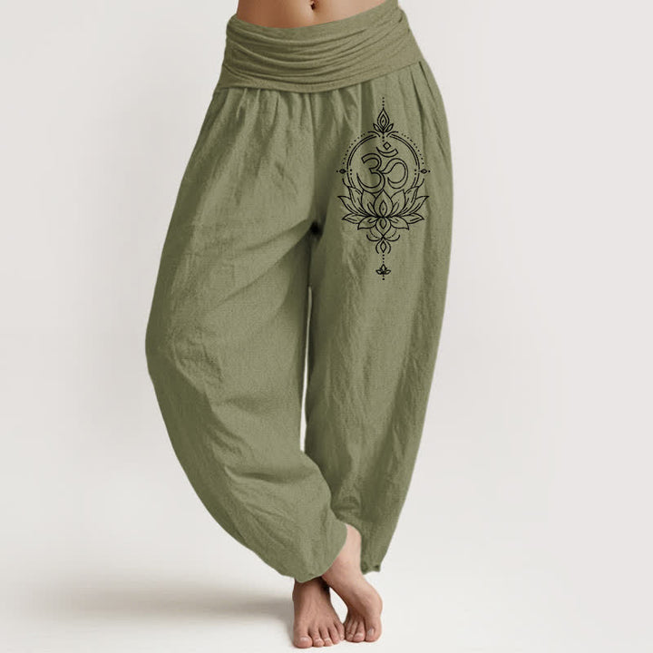 Buddha Stones 純綿ロータス・オム・マンダラ柄 レディース ゴムウエスト ハーレムパンツ - オリーブドラブ - US16、 UK/AU20、 EU48 (3XL) - image 14