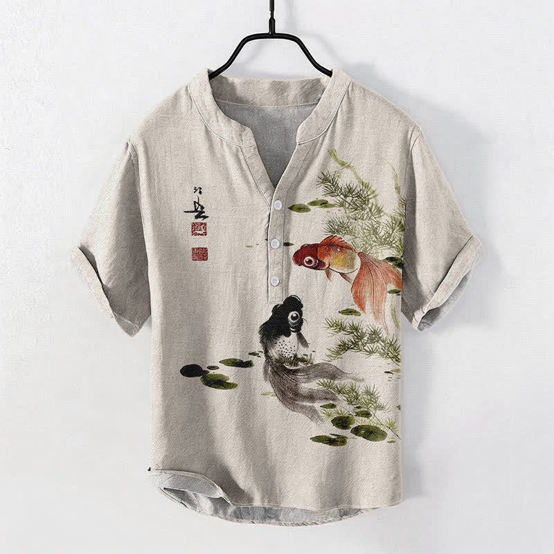 Buddha Stones コットン製 ツイン鯉蓮葉柄 メンズ 半袖ハーフボタンシャツ - ベージュ - US/UK/AU50、EU60（5XL） - image 0