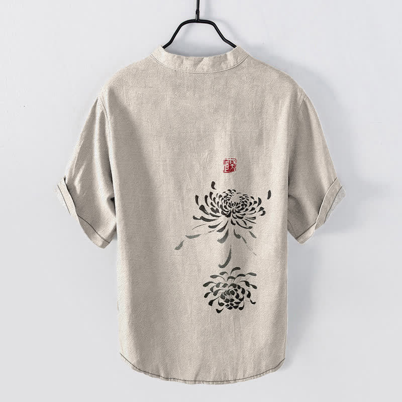 Buddha Stones コットンインク 菊印柄 メンズ 半袖ハーフボタンシャツ - image 1