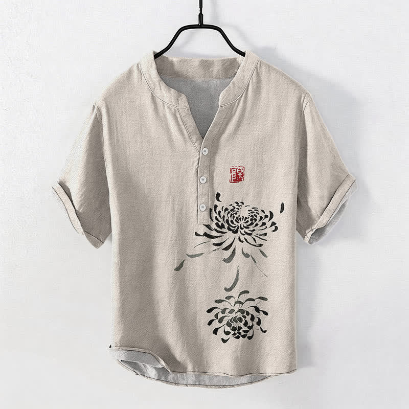 Buddha Stones コットンインク 菊印柄 メンズ 半袖ハーフボタンシャツ - リネン - US/UK/AU50、EU60（5XL） - image 0