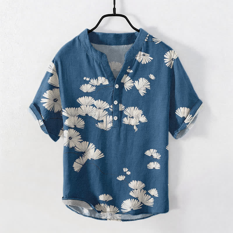 Buddha Stones 綿素材の白デイジー柄メンズ半袖ハーフボタンシャツ - ロイヤルブルー - US/UK/AU50、EU60（5XL） - image 0