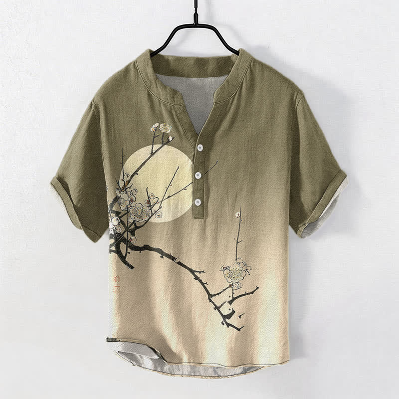 Buddha Stones 綿素材の梅の花と月柄メンズ半袖ハーフボタンシャツ - オリーブ - US/UK/AU50、EU60（5XL） - image 0