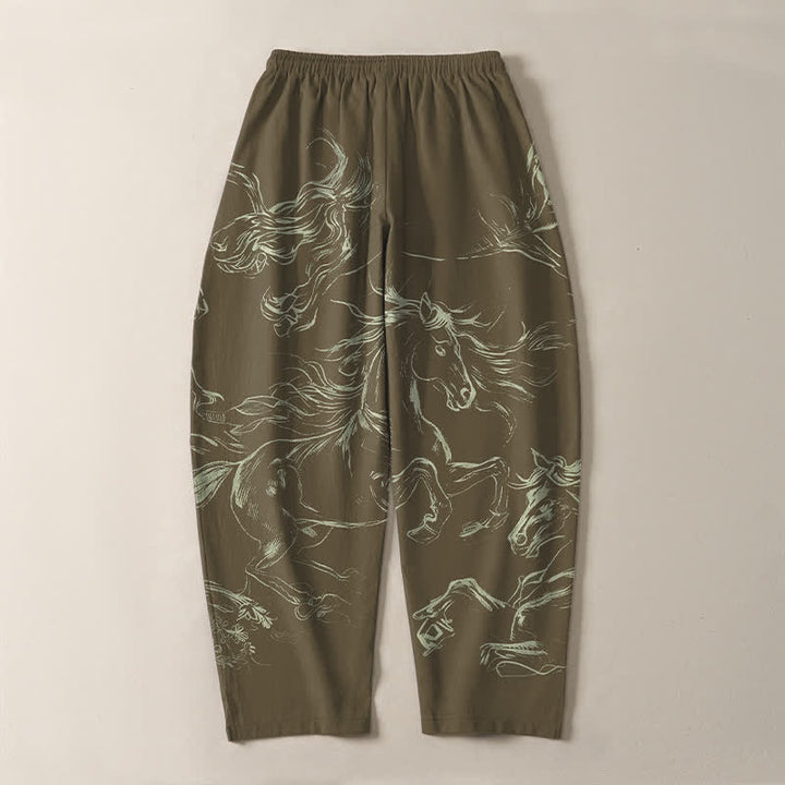 Buddha Stones 純綿素材、走る馬のラインアート柄、ドローストリング付きメンズテーパードパンツ（ポケット付き） - image 14