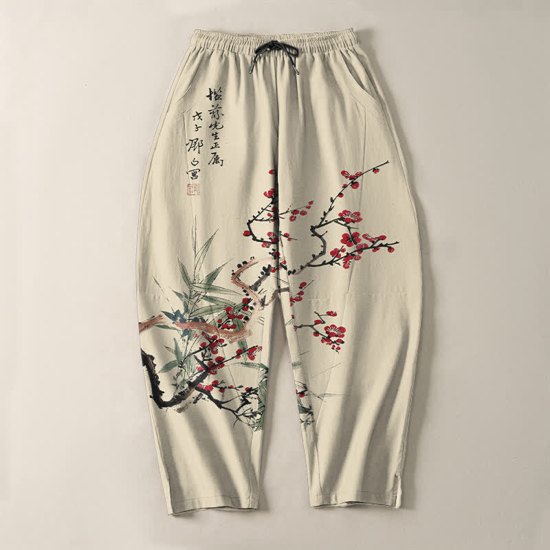 Buddha Stones 純綿インク梅花柄ドローストリング付きメンズテーパードパンツ（ポケット付き） - image 2