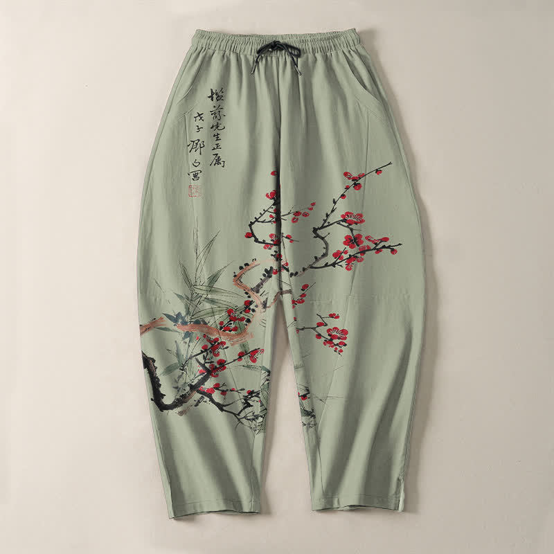 Buddha Stones 純綿インク梅花柄ドローストリング付きメンズテーパードパンツ（ポケット付き） - image 9