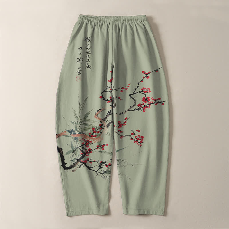 Buddha Stones 純綿インク梅花柄ドローストリング付きメンズテーパードパンツ（ポケット付き） - image 10