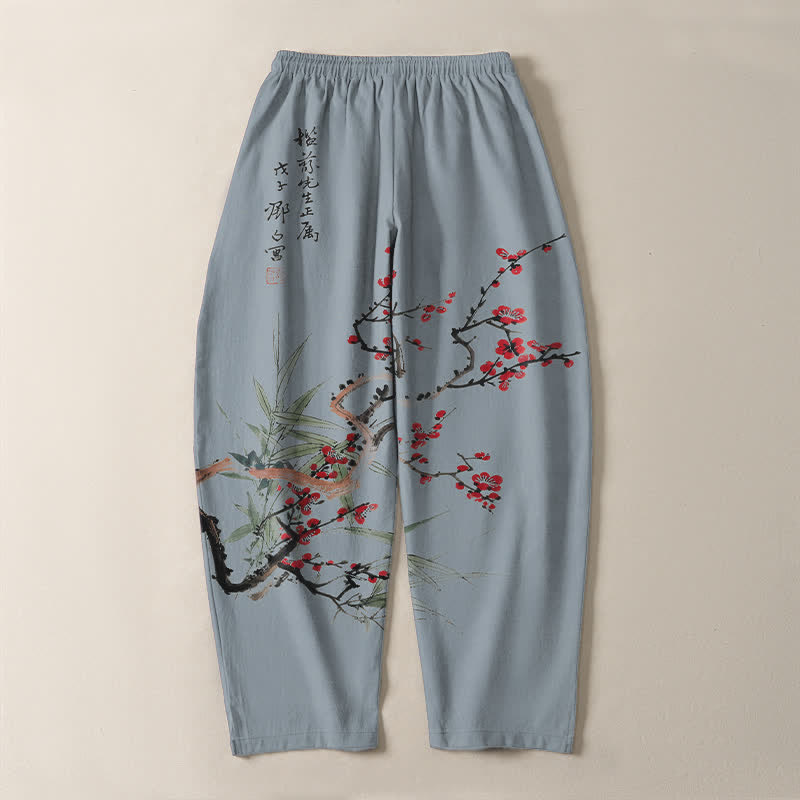 Buddha Stones 純綿インク梅花柄ドローストリング付きメンズテーパードパンツ（ポケット付き） - image 14