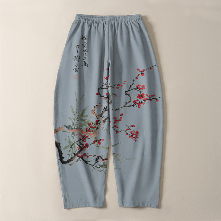 Buddha Stones 純綿インク梅花柄ドローストリング付きメンズテーパードパンツ（ポケット付き） - image 14