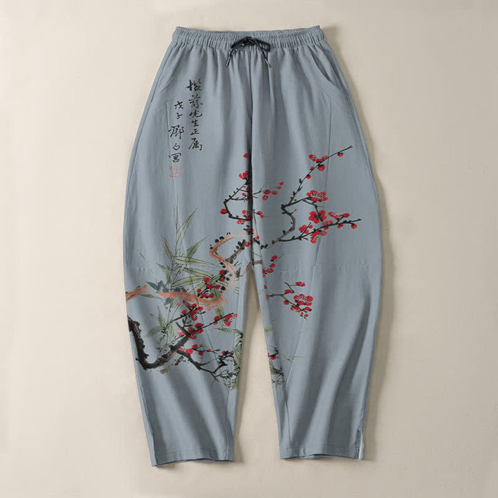Buddha Stones 純綿インク梅花柄ドローストリング付きメンズテーパードパンツ（ポケット付き） - image 13