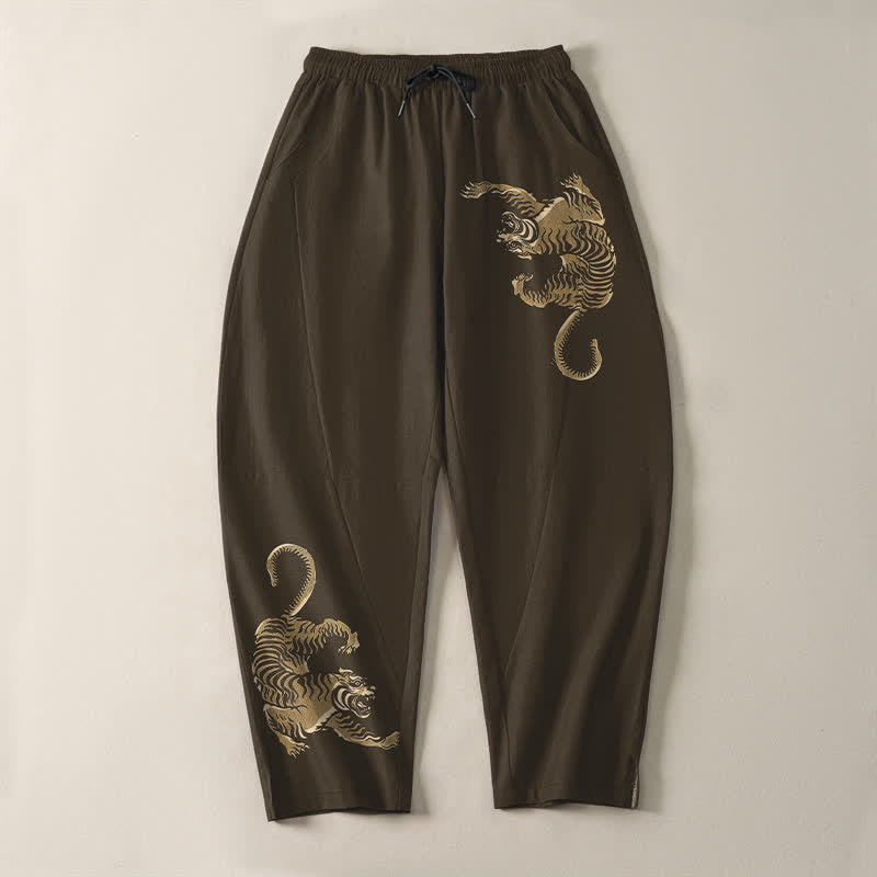 Buddha Stones 純綿ゴールデンタイガー柄ドローストリング付きメンズテーパードパンツ（ポケット付き） - image 2