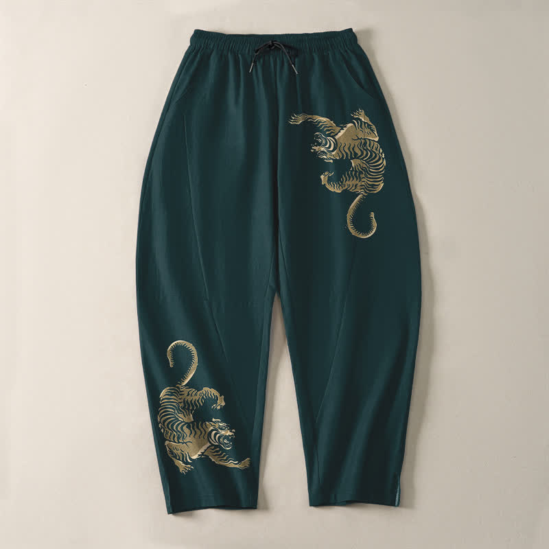 Buddha Stones 純綿ゴールデンタイガー柄ドローストリング付きメンズテーパードパンツ（ポケット付き） - image 13