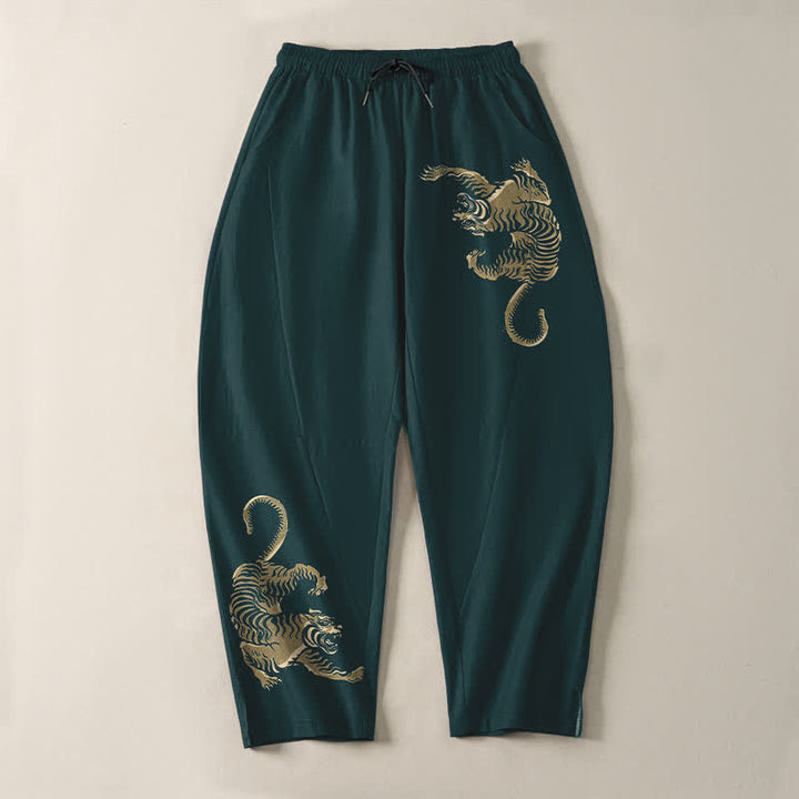 Buddha Stones 純綿ゴールデンタイガー柄ドローストリング付きメンズテーパードパンツ（ポケット付き） - image 13