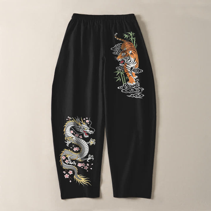Buddha Stones 純綿素材、虎龍柄、ドローストリング付き、ポケット付きメンズテーパードパンツ - image 3