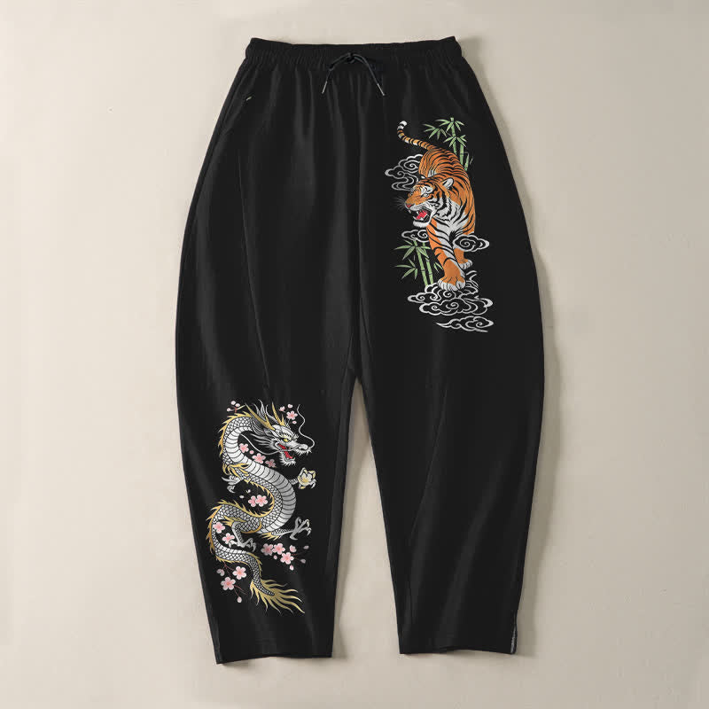 Buddha Stones 純綿素材、虎龍柄、ドローストリング付き、ポケット付きメンズテーパードパンツ - image 2