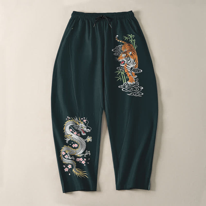 Buddha Stones 純綿素材、虎龍柄、ドローストリング付き、ポケット付きメンズテーパードパンツ - image 13