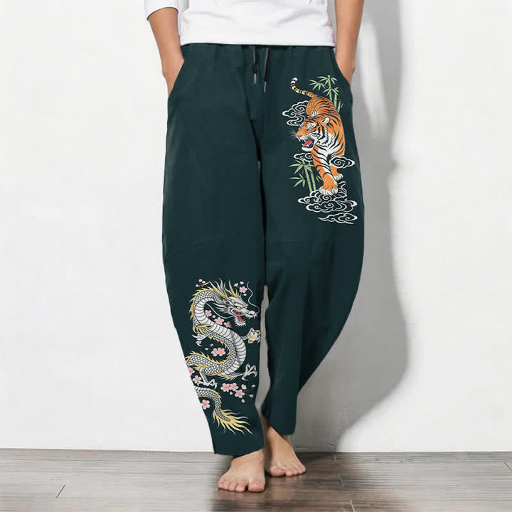 Buddha Stones 純綿素材、虎龍柄、ドローストリング付き、ポケット付きメンズテーパードパンツ - ダークスレートグレー - US/UK/AU50、EU60（5XL） - image 11