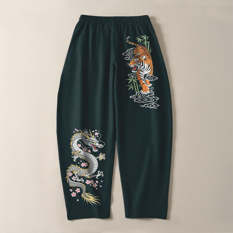 Buddha Stones 純綿素材、虎龍柄、ドローストリング付き、ポケット付きメンズテーパードパンツ - image 14