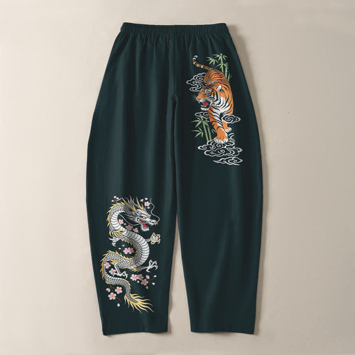 Buddha Stones 純綿素材、虎龍柄、ドローストリング付き、ポケット付きメンズテーパードパンツ - image 14