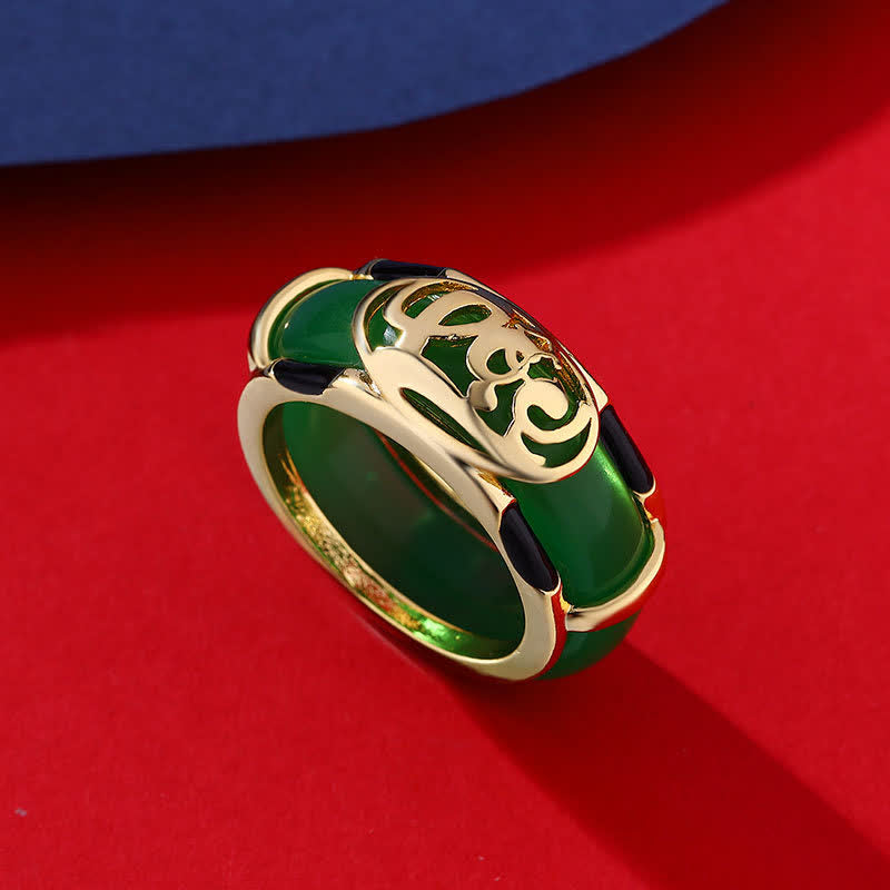 Buddha Stones ヴィンテージグリーンジェイドの福の文字模様の指輪 - グリーンジェイドリング - US11（20.6mm） - image 0