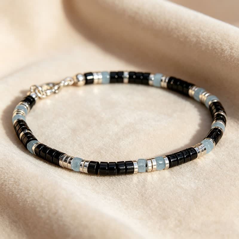 Buddha Stones ブラックオニキスとブルーカルセドニーの保護ストレッチビーズブレスレット - image 1