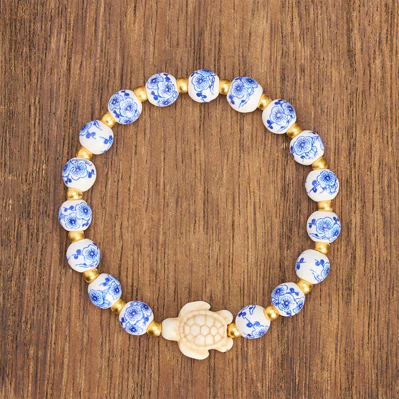 Buddha Stones 青と白の磁器製亀の清浄と長寿のブレスレット - image 1