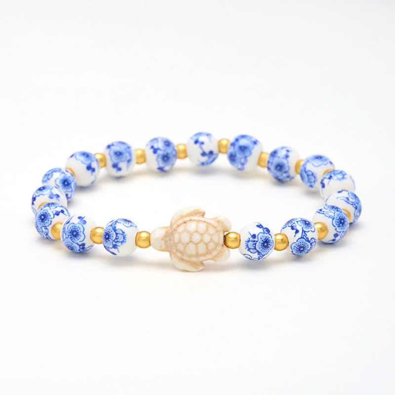 Buddha Stones 青と白の磁器製亀の清浄と長寿のブレスレット - 亀（知恵♥忍耐力） - image 0