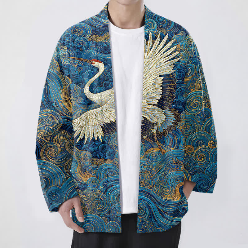 Buddha Stones 綿鶴流波模様前開きメンズ着物 - ロイヤルブルー - US/UK/AU48、 EU58 (4XL) - image 0