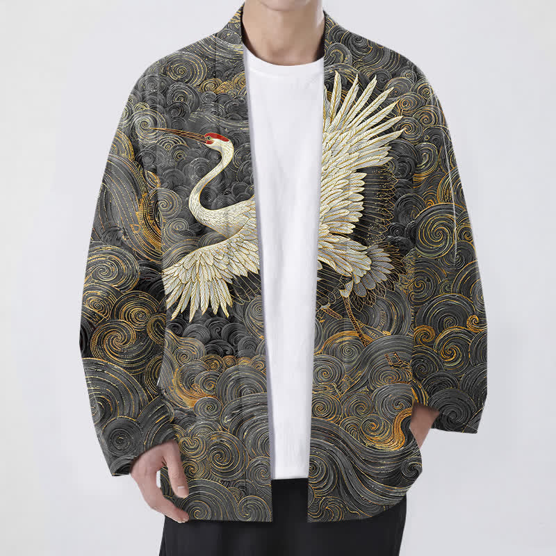 Buddha Stones 綿鶴流波模様前開きメンズ着物 - ダークグレー - US/UK/AU48、 EU58 (4XL) - image 6