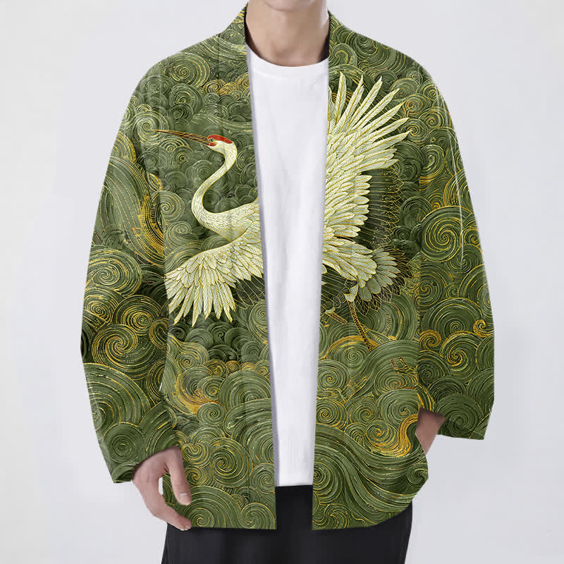 Buddha Stones 綿鶴流波模様前開きメンズ着物 - オリーブドラブ - US/UK/AU48、 EU58 (4XL) - image 9