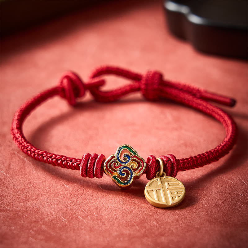 Buddha Stones 中国結びの福の文字入り銅赤紐手織り豊かさブレスレット - image 12