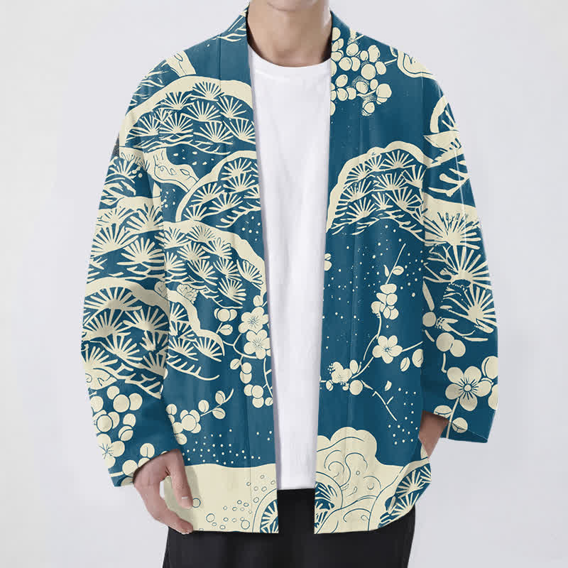 Buddha Stones 綿松梅花柄前開きメンズ着物 - ティール - US/UK/AU48、 EU58 (4XL) - image 0