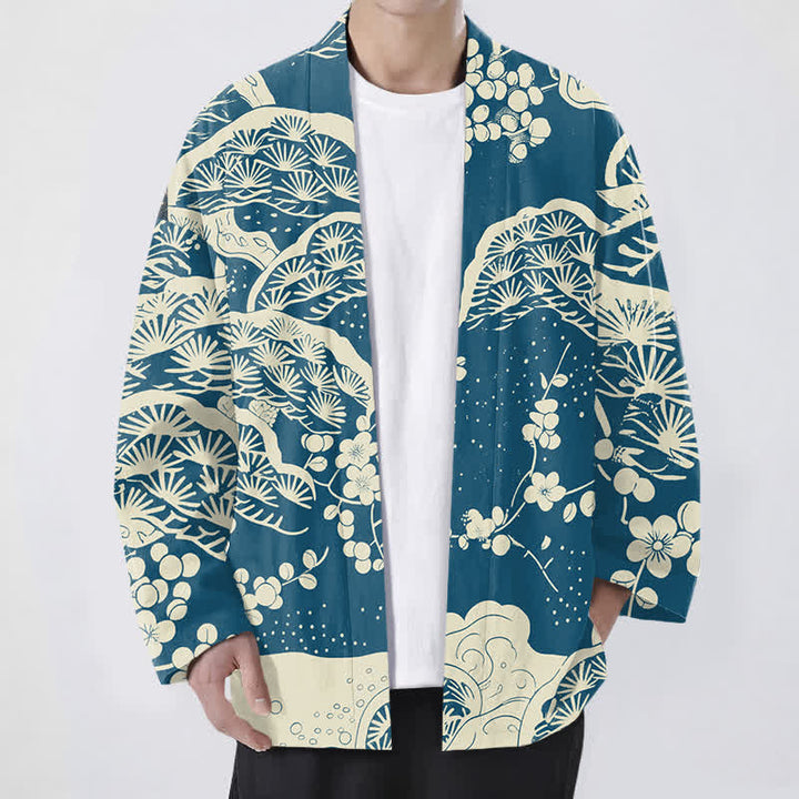 Buddha Stones 綿松梅花柄前開きメンズ着物 - ティール - US/UK/AU48、 EU58 (4XL) - image 0
