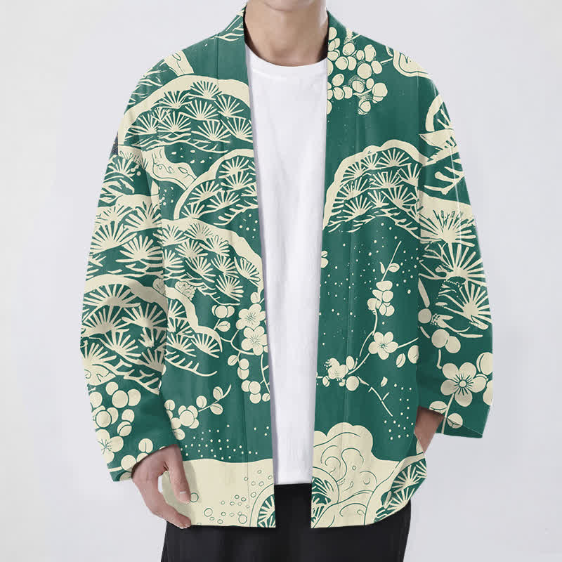 Buddha Stones 綿松梅花柄前開きメンズ着物 - シーグリーン - US/UK/AU48、 EU58 (4XL) - image 6