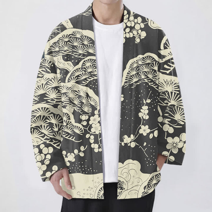 Buddha Stones 綿松梅花柄前開きメンズ着物 - スレートグレー - US/UK/AU48、 EU58 (4XL) - image 9