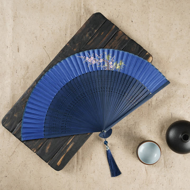 Buddha Stonesシンプルな桜の花 中空彫刻 手持ち竹扇子 - ダークブルー 22cm - image 10