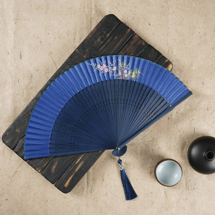 Buddha Stonesシンプルな桜の花 中空彫刻 手持ち竹扇子 - ダークブルー 22cm - image 10