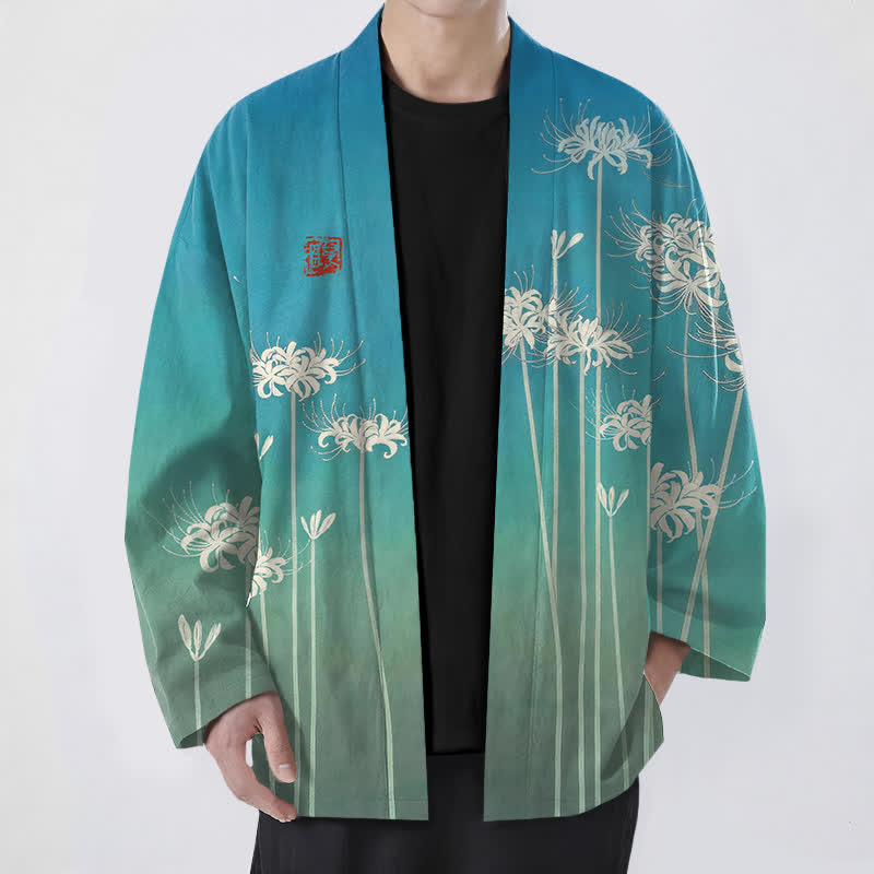 Buddha Stones 綿白のスパイダーリリー柄前開きメンズ着物 - ミディアムターコイズ - US/UK/AU48、 EU58 (4XL) - image 0
