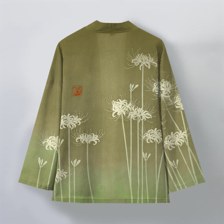 Buddha Stones 綿白のスパイダーリリー柄前開きメンズ着物 - image 11