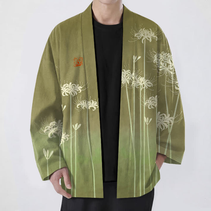 Buddha Stones 綿白のスパイダーリリー柄前開きメンズ着物 - オリーブ - US/UK/AU48、 EU58 (4XL) - image 9