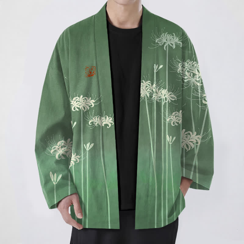 Buddha Stones 綿白のスパイダーリリー柄前開きメンズ着物 - フォレストグリーン - US/UK/AU48、 EU58 (4XL) - image 6