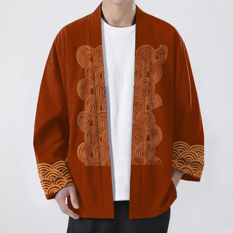 Buddha Stones 綿素材の三日月波模様のオープンフロントメンズ着物 - シエナ - US/UK/AU48、 EU58 (4XL) - image 0