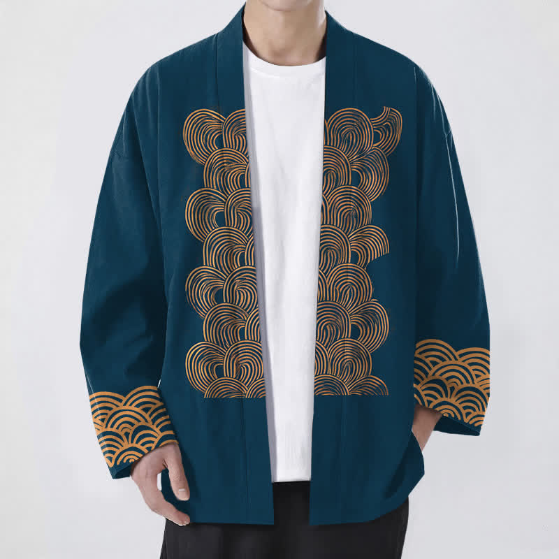Buddha Stones 綿素材の三日月波模様のオープンフロントメンズ着物 - ティール - US/UK/AU48、 EU58 (4XL) - image 6