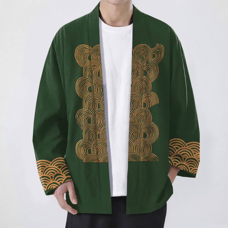 Buddha Stones 綿素材の三日月波模様のオープンフロントメンズ着物 - ダークグリーン - US/UK/AU48、 EU58 (4XL) - image 9