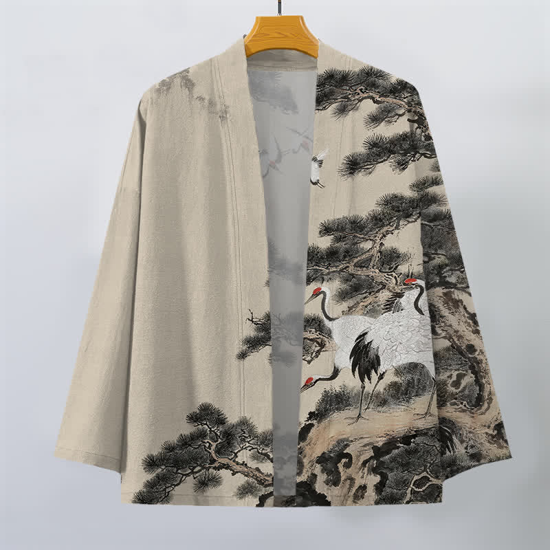 Buddha Stones 綿松鶴柄のオープンフロントメンズ着物 - image 1