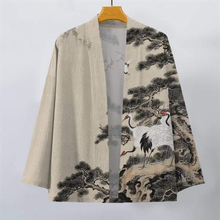 Buddha Stones 綿松鶴柄のオープンフロントメンズ着物 - image 1